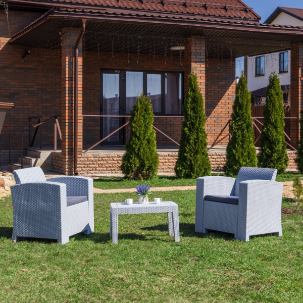 Лаунж зона на 2 персоны Royal Family LANA LUX XS стол и кресла, светло-серый из пластика